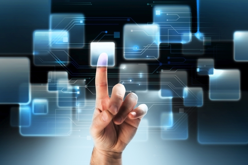 Blue interface with hi-tech hand