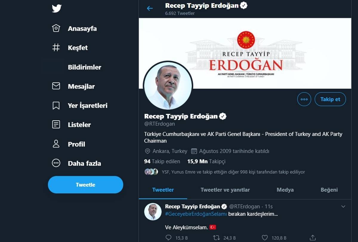Bugün sabaha karşı saatlerde #GeceyebirErdoğanSelamı hashtagi Twitter gündemine oturdu. Türkiye Cumhurbaşkanı Recep Tayyip Erdoğan Tweet...